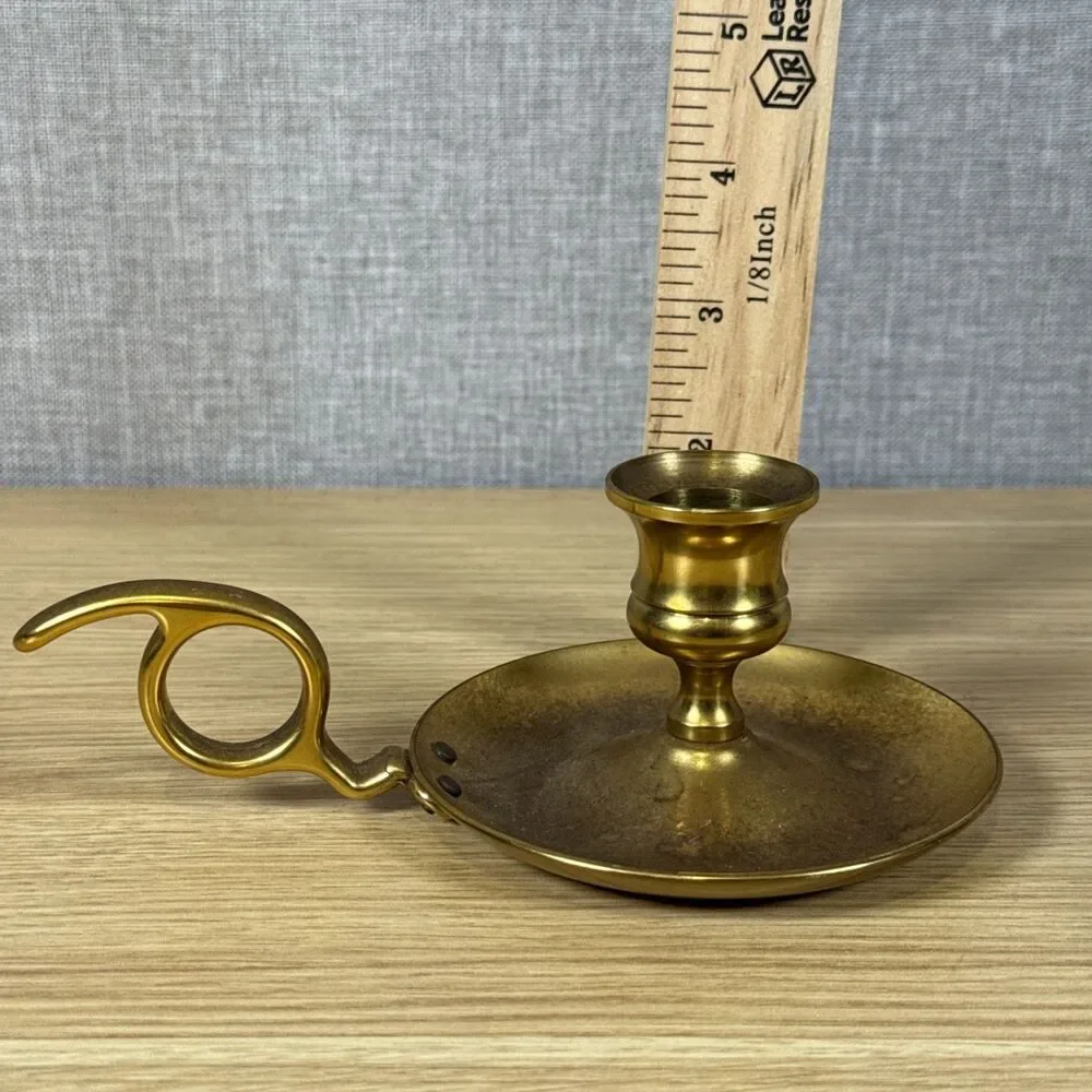 Vintage Solid Brass Chamberstick Candle Holder Finger Loop Colonial Taper Rare